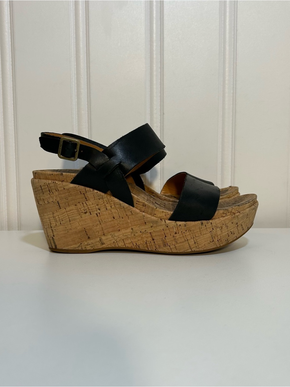 Kork-Ease Austin sling back Black Leather Cork Wedge Sandals women’s 7